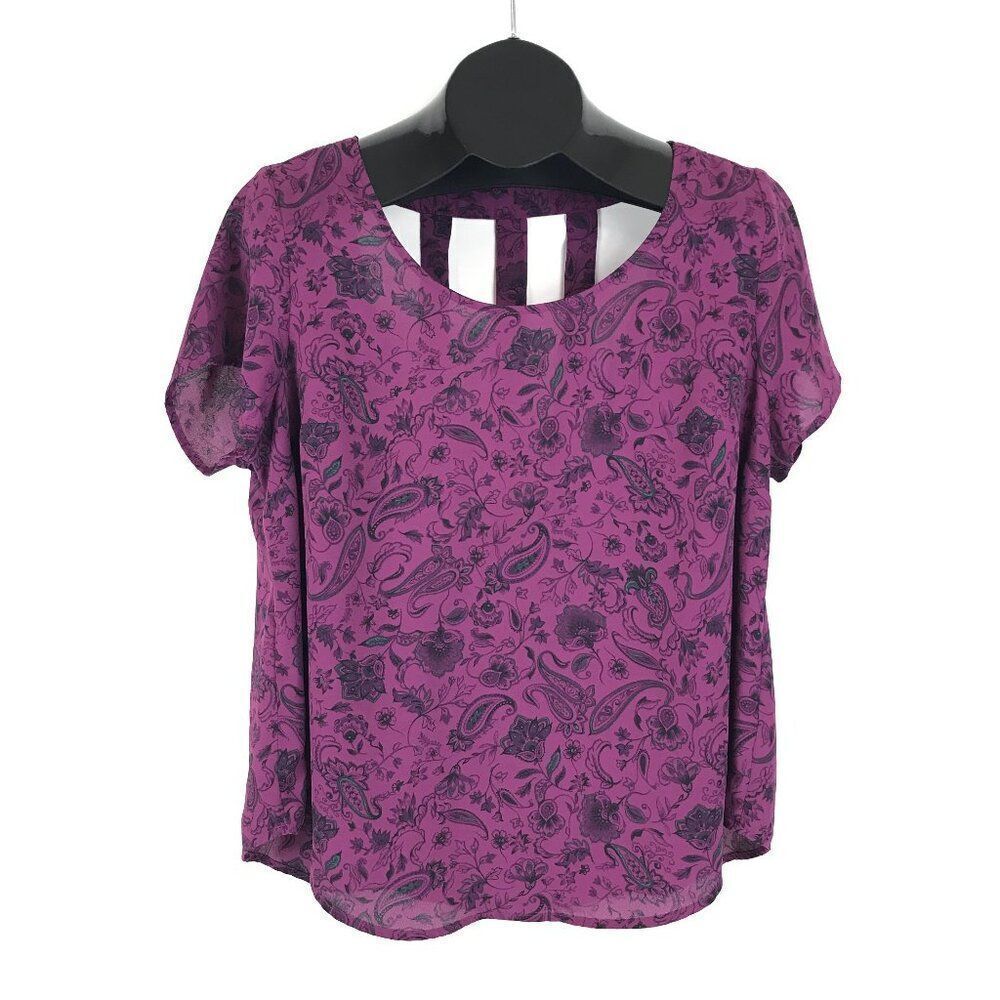 Torrid Abbey Georgette Cage Back Blouse Women's M/L / 10 Purple Floral Paisley